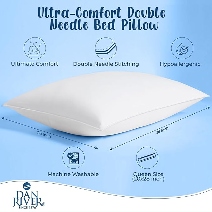 DAN RIVER Double Needle Pillows Queen (20x28), Set of 2 | White Hotel Pillows | Cooling Pillow for Side Sleepers | Back Sleeper Pillows | Best Pillows for Sleeping | Dorm Room Essentials