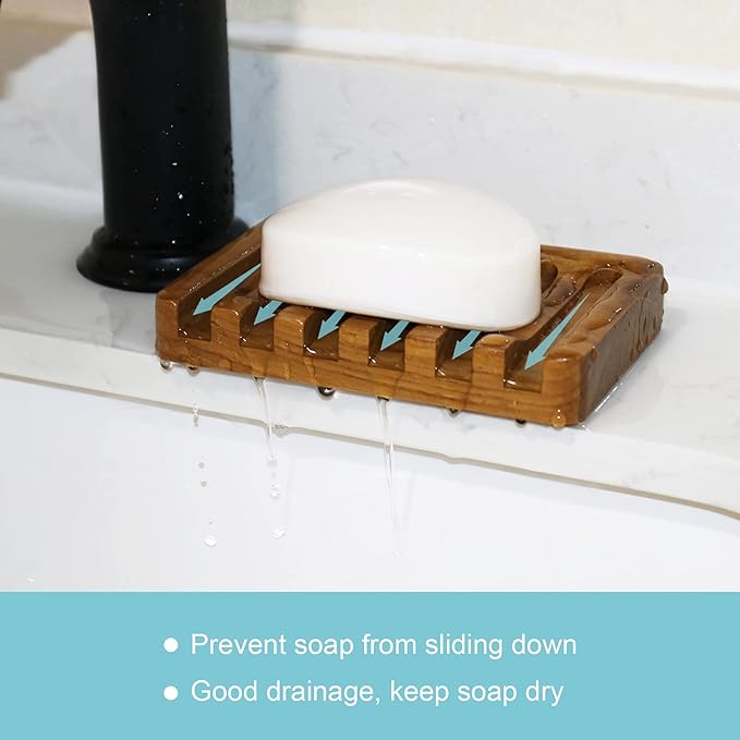2PCS Self Draining Soap Dishes by HTB, Teak Wood Soap Holder, Soap Saver for Shower, Bathroom, Bath Tub, Kitchen Sponges, Easy Dry Extend Soap Life