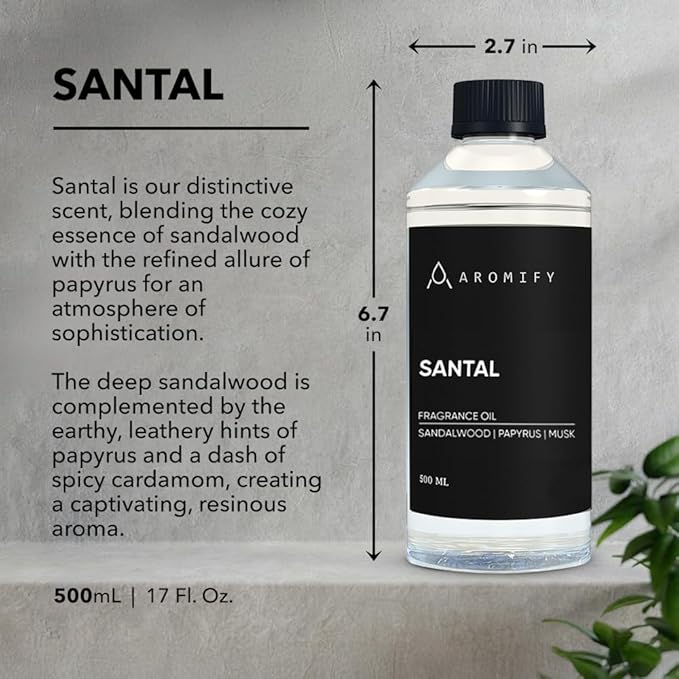 Santal Fragrance Oil 16.9 Fl Oz (500 mL) Essential Oil for Diffusers, Sandalwood & Leather Opening, Followed by Floral and Woodsy Notes, for Home, Spa & Office Use, Pure Aroma Ingredients