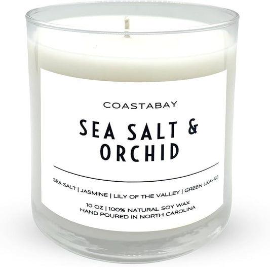 Sea Salt and Orchid Candle for House Decor | 50+ Hour Burn, All Natural Soy Scented Jar Candles, Clean Floral Scent, Organic and Non Toxic, Large 10oz