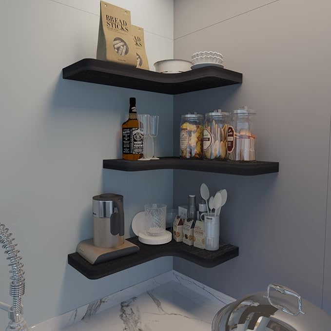 SAUMONIERES Corner Floating Shelves Wall Mount Shelf Solid Wood for Bedroom Bathroom Room Kitchen Storage Set of 3, Black, Invisible Brackets