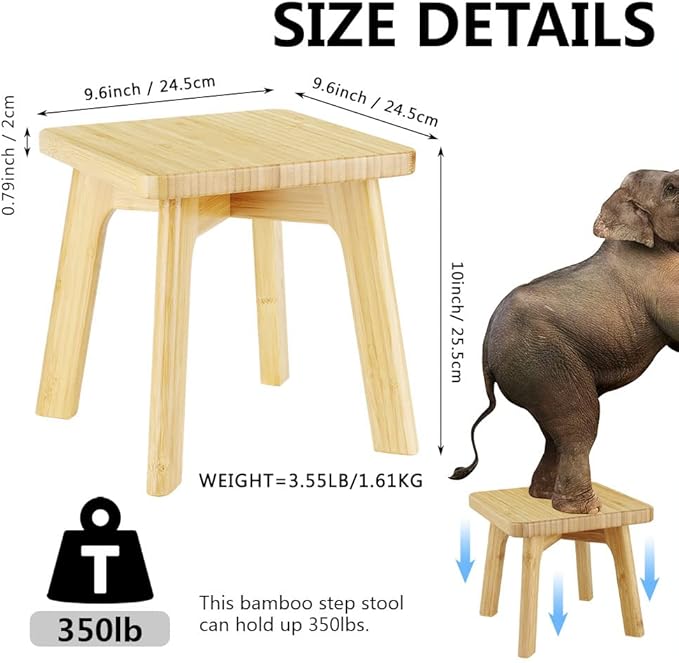 Bamboo Wood Step Stool - Foot Stool - Small Adults Kids Step Stools Anti-slip Sturdy Durable Kitchen Bathroom Bedroom Steps for High Beds Holds Up to 350lbs (Medium Square)