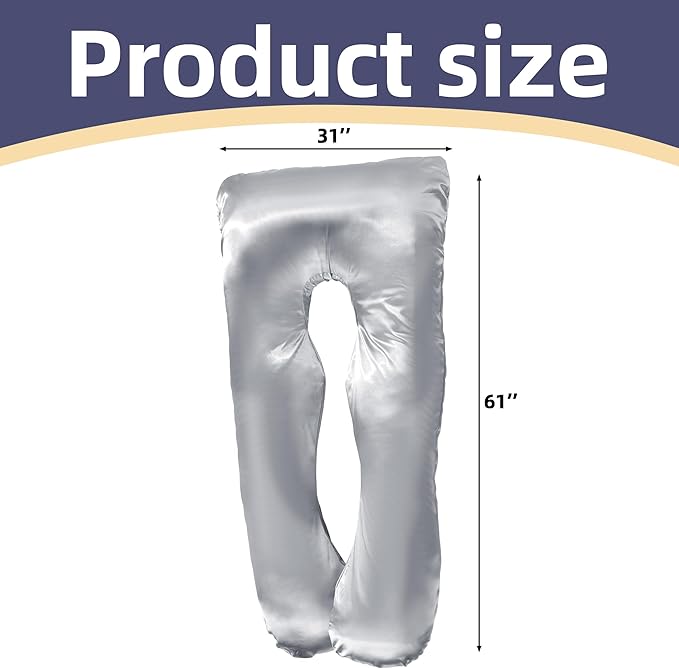 Silky Satin Pregnancy Pillow Cover (ONLY Pillowcase), U Shaped Luxurious Smooth Maternity Pillow Cover, Soft & Breathable Large Pillow Protector with Hidden Zip for Side Sleeper,Light Grey