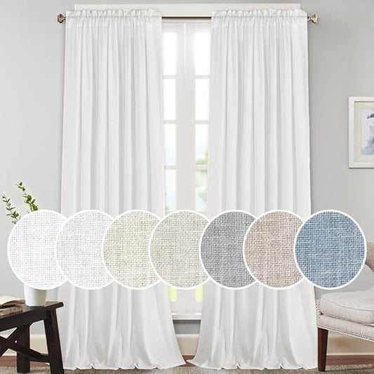 PrinceDeco White Linen Curtains 108 Inch Length 2 Panels Set, Rod Pocket Curtains for Living Room, Light Filtering Curtains for Bedroom/Living Room Energy Saving Vertical Drapes