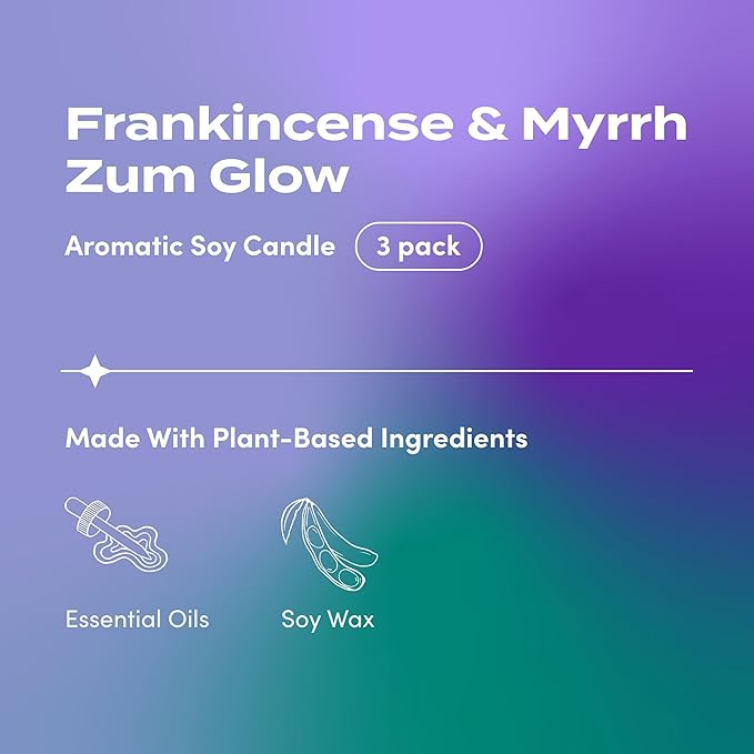 Indigo Wild Zum Glow Frankincense & Myrrh Candle - Soy Wax Candle with Lead-Free Wick - Relaxing Candles Scented with Essential Oils - Long-Lasting Scented Candles - 30-Hour Burn Time - 7 oz (3 Pack)