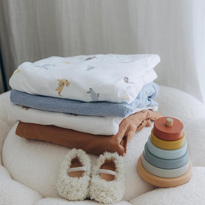 Mini Crib Fitted Sheet, 100% Cotton Knitted Jersey, Pack n Play Sheet, Breathable, Fitted Crib Sheets, Super Soft, Toddler Fitted Sheet,2 Pack,Sky Blue/Animals, 38x24x6