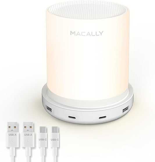 Macally Small Bedside Lamp with USB Ports (USB C + A) - Fast Charging Bedside Light and 3 Way Dimmable Touch Lamp for Nightstands - Great as a Night Light and Charger for Bedrooms