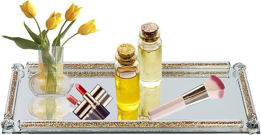 Crystal Diamond Tray, 13.8" x 5.9" Mirror Perfume Tray for Vanity Gold Crystal Jewelry Trinket Cosmetic Makeup Display Serving Trays for Dresser Crushed Diamond Home Decor