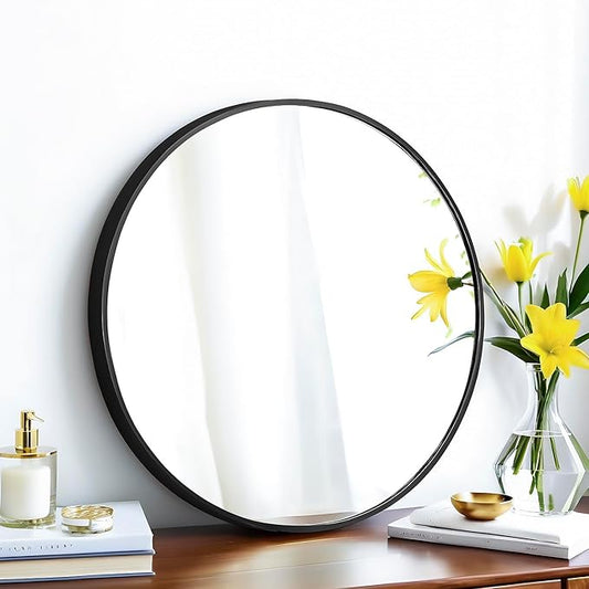 20" Round Mirror Circle Wall Mounted Hanging or Against Wall Metal Frame Dressing Make-up Mirrors for Entryway Bedroom Bathroom Living Room 20 inch Black