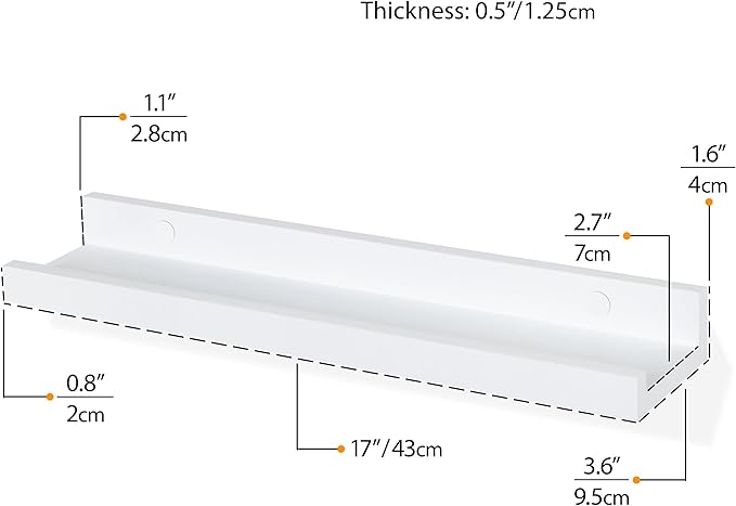 Wallniture Denver 17" White Floating Bookshelf and Picture Ledge for Kids Room Decor and Nursery Shelves for Wall, Set of 2