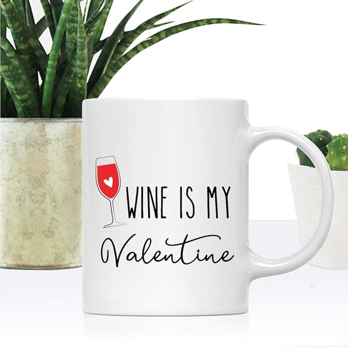 Andaz Press Valentine’s Day Funny 11oz. His Her Couples Coffee Mug Gift, Wine Is My Valentine, Glass Graphic, 1-Pack, Gift Box