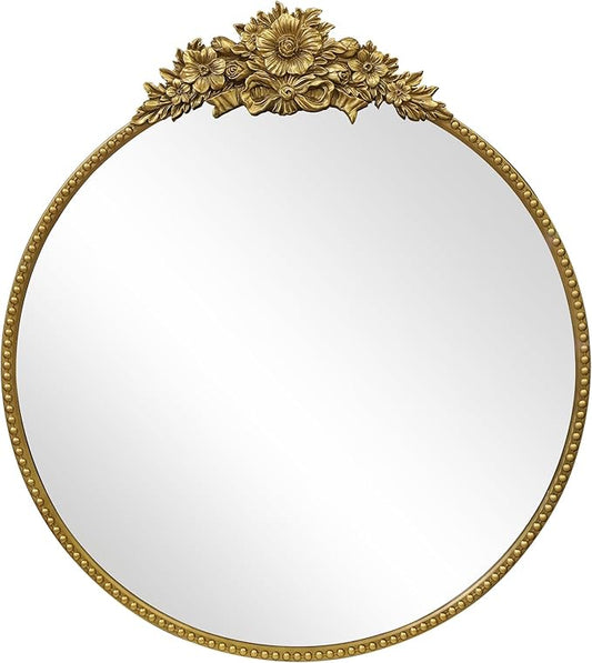 Round Baroque Style Antique 24" Metal Circle Vintage Mirror, Wall Mounted Decorative Mirror for Entryway,Bathroom,Vanity, Retro Gold