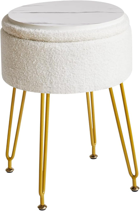 IBUYKE Teddy Velvet Storage Footrest Stool Ottoman, Makeup Vanity Stool Side Table with Removable Cover, Golden Steel Legs, Coffee Table Top Cover, White WBD010W