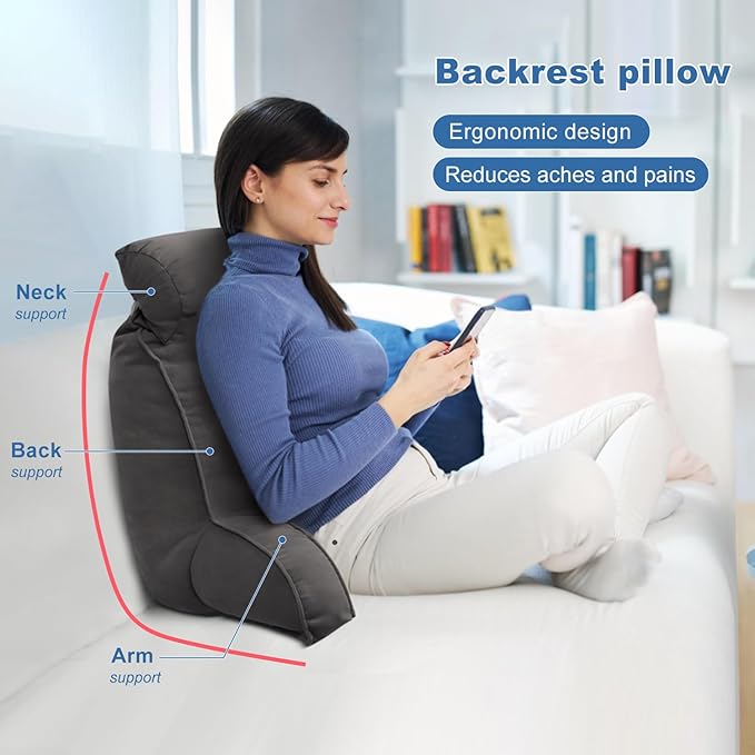 Reading Pillow for Bed Adult Size, Back Pillow for Sitting in Bed, Shredded Memory Foam Bed Chair Pillow with Arms, Pockets, Washable Cover (Light Grey, Large)