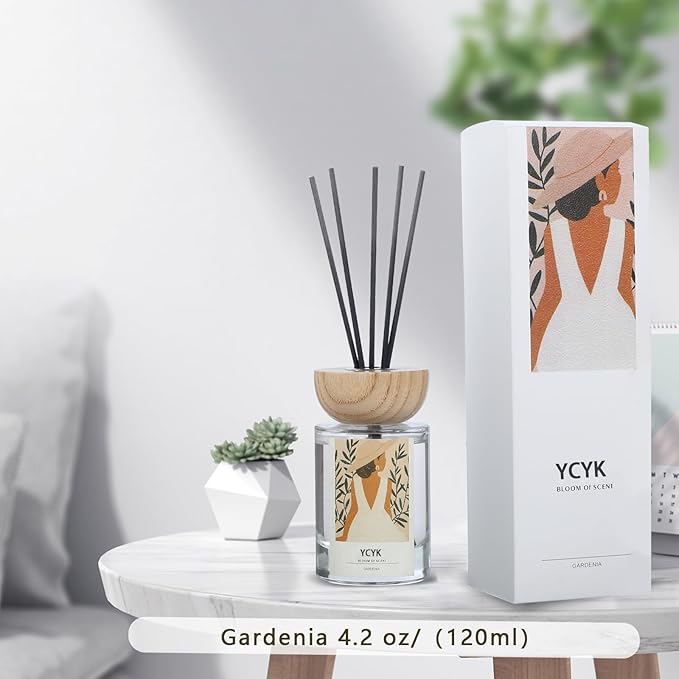 Reed Diffuser Set, 4oz(120ml) Jasmine&Gardenia Natural Scent Oil Diffusers Home Fragrance with Reed Diffuser Sticks for Home Office Bathroom Aromatherapy Decor