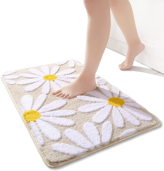 QJHOMO Beige Bathroom Rugs Cute Daisy Bath Mat White and Yellow Flower Decor Rug Non Slip Floor Carpet Microfiber Bathmat Super Absorbent Machine Washable Bathtub Mats for Shower (20x32 inch)