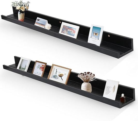 Muzilife 45.3" Large Floating Wall Ledge Shelves with Lip - Set of 2 Wood Floating Shelves - Black Wall Mounted Picture Ledge for Office, Bathroom, Bedroom, Living Room, Kitchen