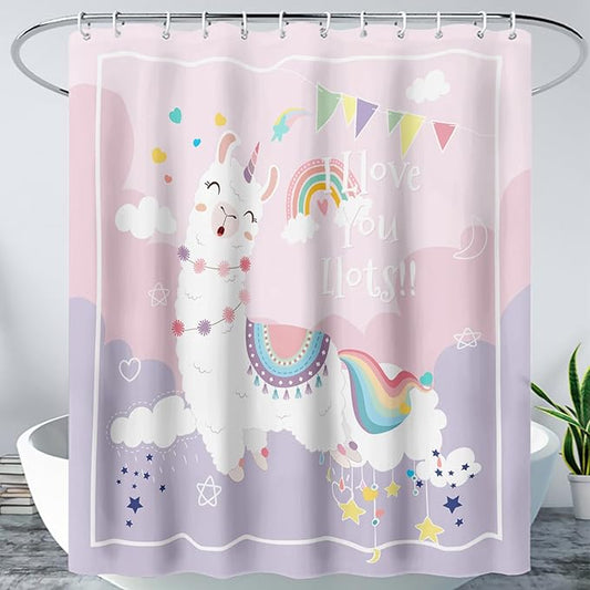 AILONEN Cute Llama Kids Shower Curtain for Girls,Happy Llama in Sky Clouds Print Bath Curtain 72" W*72" H,Kawaii Kids Bathroom Curtain Polyester Waterproof Girls Bathroom Curtain with 12 Hooks
