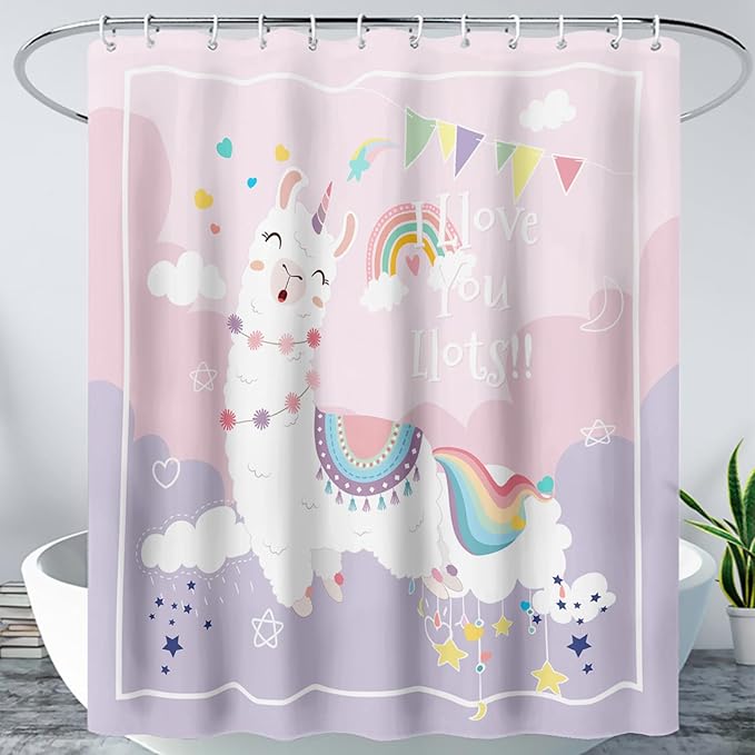 AILONEN Cute Llama Kids Shower Curtain for Girls,Happy Llama in Sky Clouds Print Bath Curtain 72" W*84" H,Kawaii Kids Bathroom Curtain Polyester Waterproof Girls Bathroom Curtain with 12 Hooks