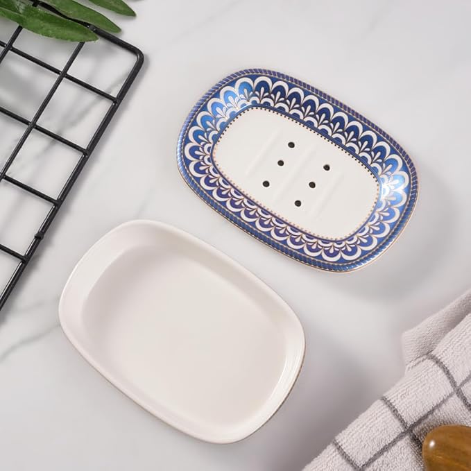 Self Draining Soap Dish, Double-Layer Bar Soap Tray, White Ceramic Soap Dish with Elegant Patterns (Style C)