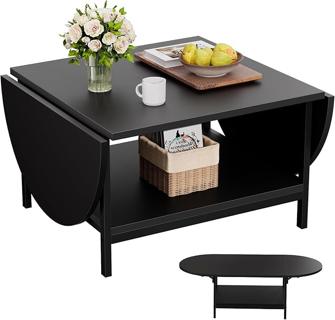 SAYGOER Black Coffee Table Modern Extended Coffee Tables with Storage for Living Room 2-Tier Unique Center Table with Two Foldable Panel for Any Large or Small Space, All Black