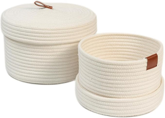 Cotton Basket Set of 2, Round, White, with Genuine Leather Handles, Lidded Storage Baskets for Organizing