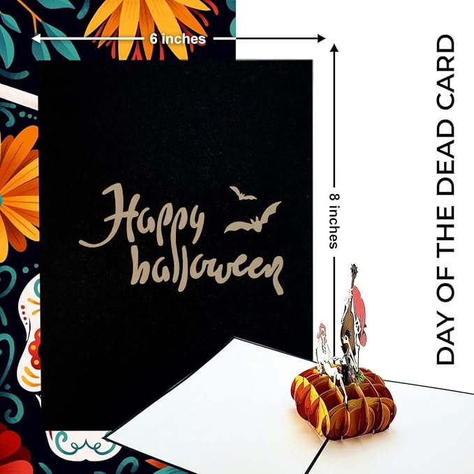 iGifts And Cards Day of the Dead Pop-Up Card – 3D Música de Calacas on Pumpkin – 6" × 8" Laser-Cut Greeting for Día de los Muertos, Remembrance & Celebration