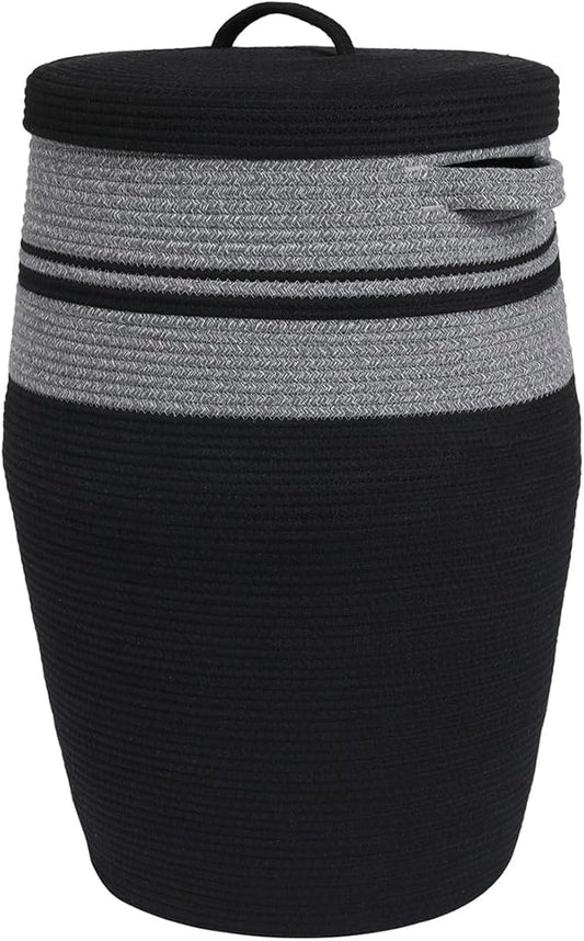 26" x 20" Tall Extra Large Storage Basket with Lid, Cotton Rope Storage Baskets, Woven Laundry Hamper with Cover, for Clothes Blanket in Living Room, Grey Mix/Black