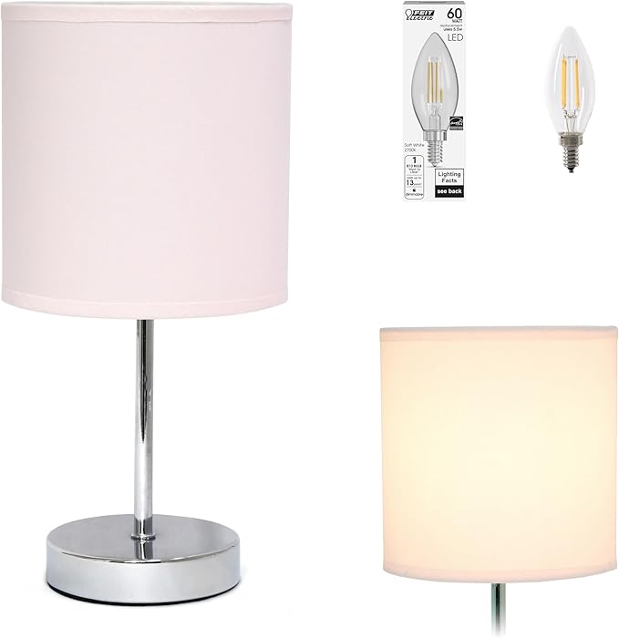 Simple Designs LT2007-BPK-LB Basic Chrome Mini Table Lamp for Living Room, Nightstand, Desk, Countertop, Blush Pink, with Feit LED Bulb Included