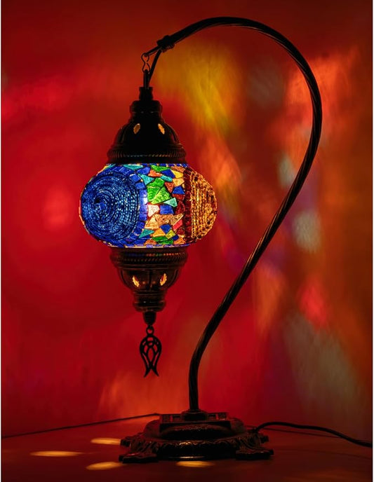 Kafthan Turkish Moroccan Mosaic Lamp – Handmade Glass Swan Neck Bedside Lamp with Antique Brass Base, Ideal Decor for Bedroom, Office, Living Room – Bulb Included (Red&Navy Central Circles)