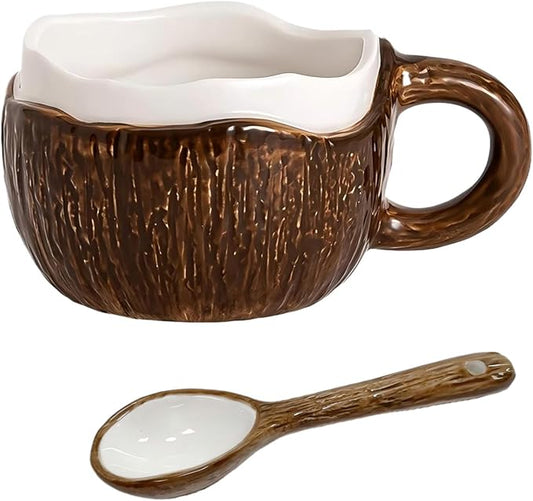 Ceramic Coffee Mug With Spoon, Coconut Cup, Novelty Mugs, Aesthetic Cups, Elegant Gift for Home Office, About 8.5-10 oz