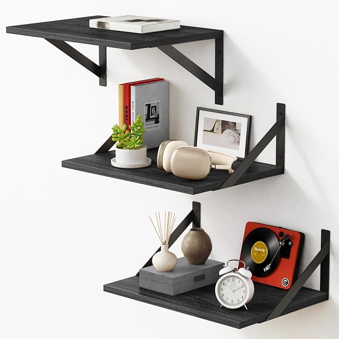 Forbena Deep Floating Shelves for Wall Set of 3, 12 Inch Deep Wall Shelves for Bedroom Office Bathroom Towels, Large Storage Shelves for Closet Clothes Living Room TV Kitchen Corner Legos Cats (Black)
