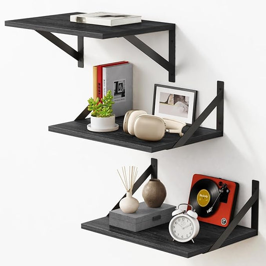 Forbena Deep Floating Shelves for Wall Set of 3, 12 Inch Deep Wall Shelves for Bedroom Office Bathroom Towels, Large Storage Shelves for Closet Clothes Living Room TV Kitchen Corner Legos Cats (Black)