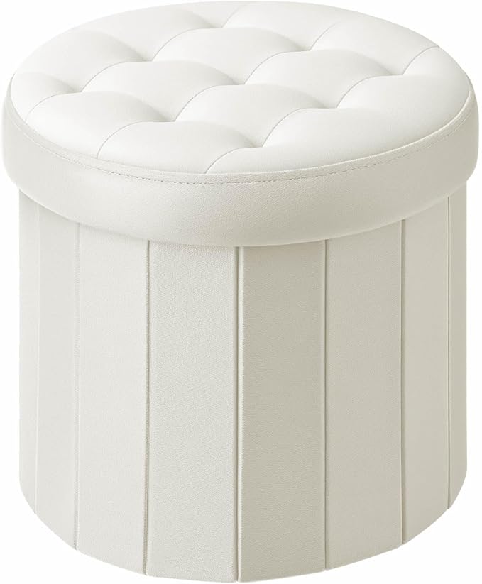 Folding Storage Ottoman Round 15Inch, Foot Stool with Thicker Foam Padded Seat Small Velvet Storage Ottoman Bench Foot Rest for Living Room Foldable Coffee Table,Beige