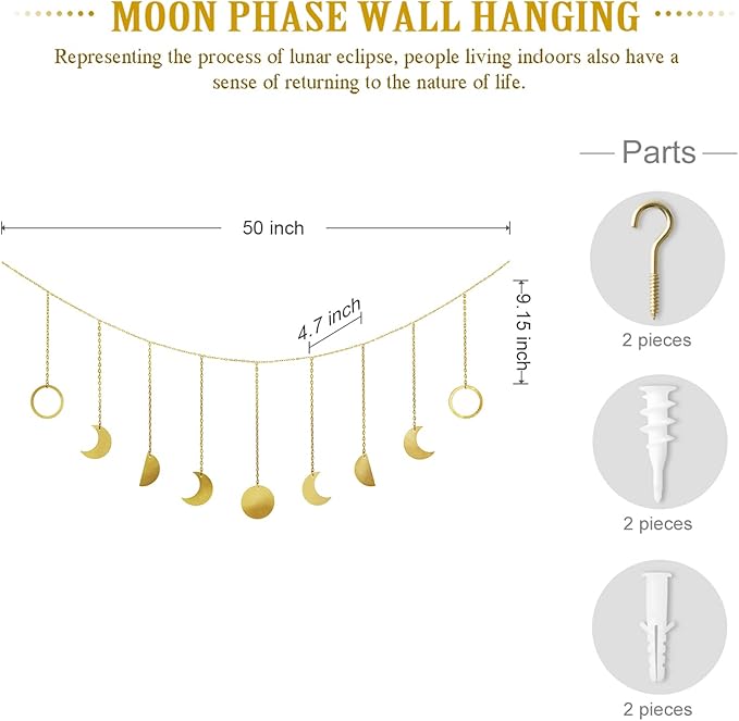 Mkono Macrame Hanging Shelves and Moon Phase Wall Hanging Boho Wall Decor for Bedroom Bathroom Living Room Nursery Dorm Room, Set of 3