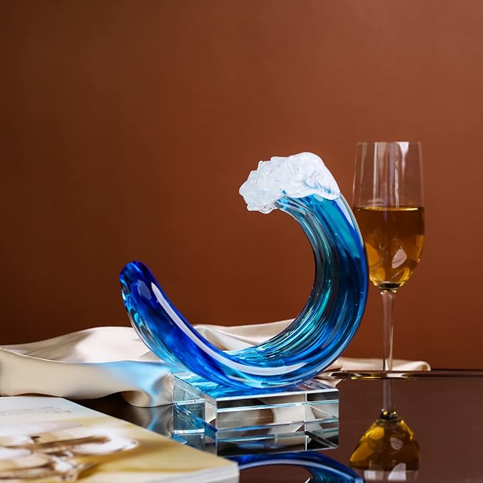 Hand-Blown Glass Wave Decor Murano-Style Glass Statue and Figurine