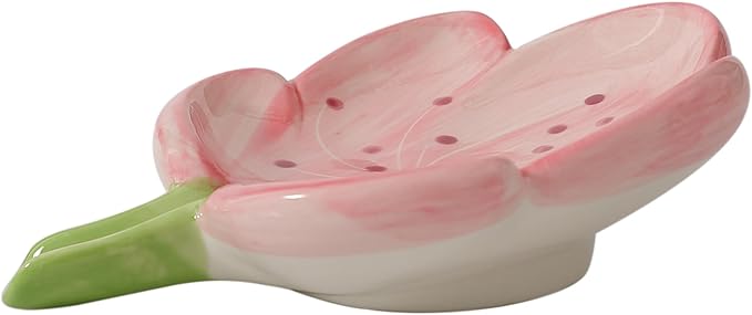 Ankah Decorative Ceramic Soap Box, Flower Shape Soap Dish, Self-Draining to Keep Dry Stop Mushy Soap Holder, Easy Cleaning, Best for Shower Bathroom and Kitchen (Tulip, Pink)