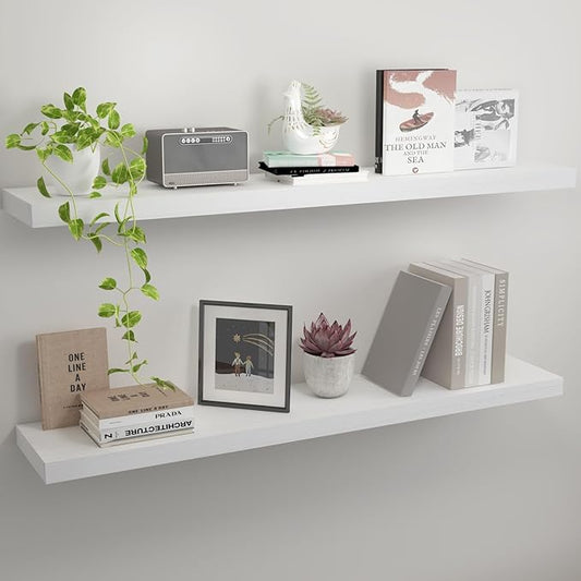 Floating Shelves 36 Inch Wall Shelf Solid Wood Mounted Storage for Bedroom Living Room Set of 2, White Wall Shelves