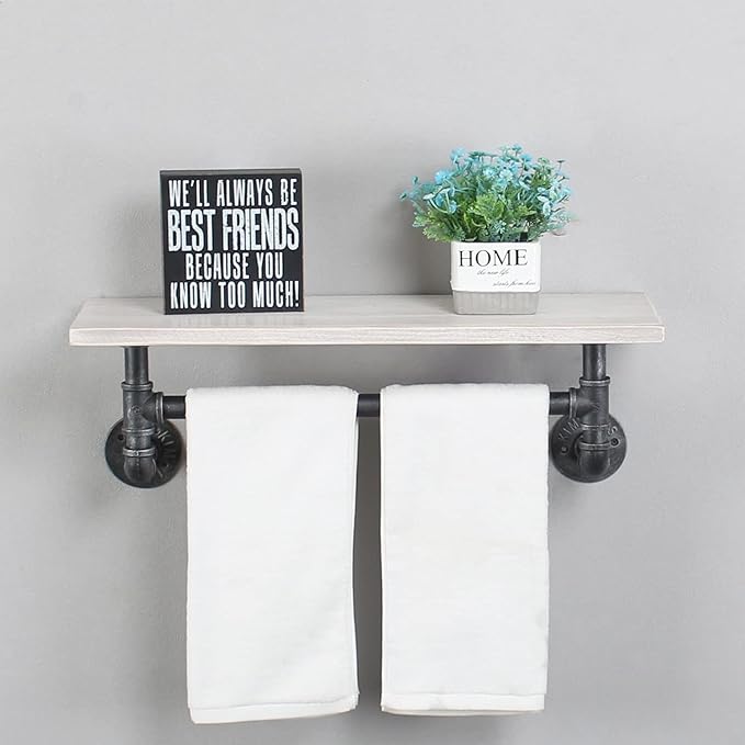 Industrial Pipe Shelving,Iron Pipe Shelves Industrial Bathroom Shelves with Towel bar,24in Rustic Metal Pipe Floating Shelves Pipe Wall Shelf,1 Tier Industrial Shelf Wall Mounted,Retro White
