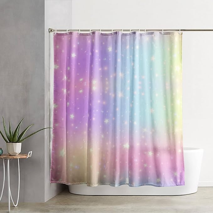 AILONEN Sparkling Stars Shower Curtain, Rainbow Shining Stars Cloth Bath Curtain Set for Girls Teens Kids Rainbow Lover,Fantasy Gradient Shower Curtain Liner,72" W*72" H