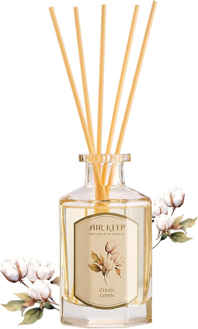 Airkeep Reed Diffuser Set-6.09 oz (180ml) Clean Linen Lemon Bergamot Scented Diffuser with 8 Reed Sticks Home Fragrance Oil Diffuser for Bathroom Shelf Decor