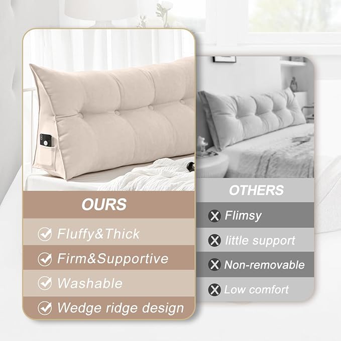Large Triangular Headboard Pillows Long Backrest Positioning Support Bolster Cushion for Daybed Fluffy Quality Plush Body Wedge Pillow with Removable Cover(White-Cal King-71x8x20 in)