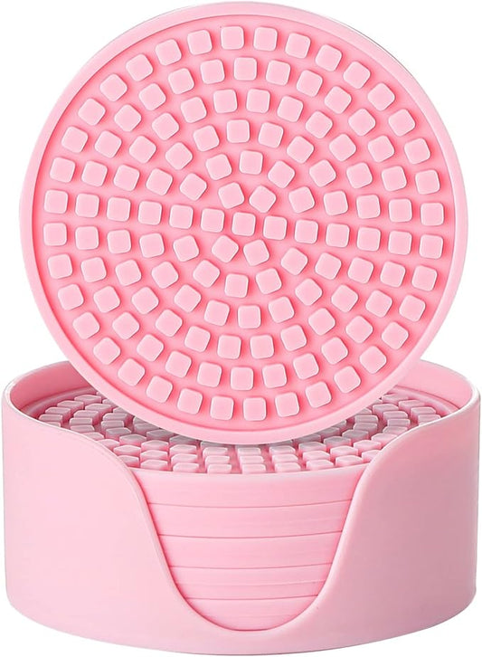 Colinda Silicone Drink Coasters with Holder, Set of 6, Outdoor Cup Mat for Hot or Cold Drinks, Thickened, Non-Slip,Non-Stick, Pink