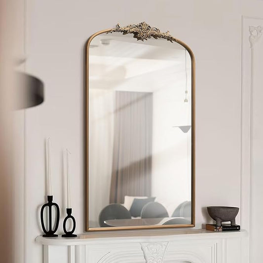 Antaque Baroque Arched Mirror: 24"x42" Gold Vintage Wall Mounted Mirror - Traditional Ornate Metal Frame - Ideal for Entryway/Living Room/Hallway/Bathroom