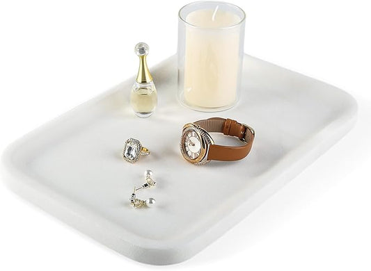 Koville Marble Vanity Tray, 12"x8" Marble Organizer Tray for Countertop Bathroom Kitchen Dresser, Rectangular Decorative Jewelry Dish for Cosmetics Perfume Trinket(White)