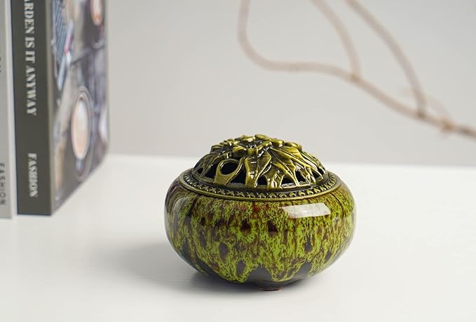 Incense Burner with Calabash Incense Stick Holder - Porcelain Charcoal Censer for Use with Resin Granular Powder Cone or Coil Incense (Kiln-Colored Green)