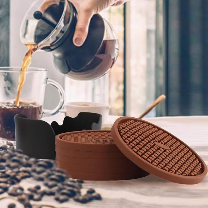 ME.FAN Silicone Coasters [6 Pack] Thickened Drink Coasters with Holder - Cup Mat - Non-Slip, Non-stick, Stay Put, Deep Tray - Prevents Furniture and Tabletop Damages(Coffee)