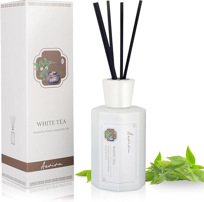 Reed Diffuser Set, 6.76 fl oz White Tea Scented Oil Diffuser, Home Fragrance with Reed Sticks for Bedroom, Office, Bathroom Shelf Decor & Gifts