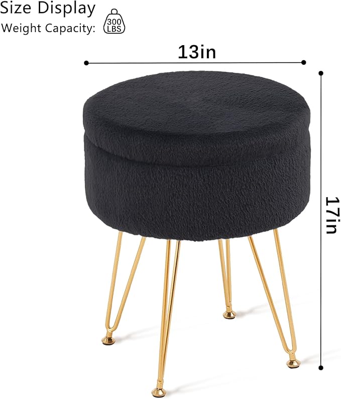 Cplxroc Footrest Footstools Round Faux Fur Ottoman with Storage Space Soft Vanity Chair Seat Coffee Table Ottoman Small Side Table Metal Legs with Adjustable Footings (Black)