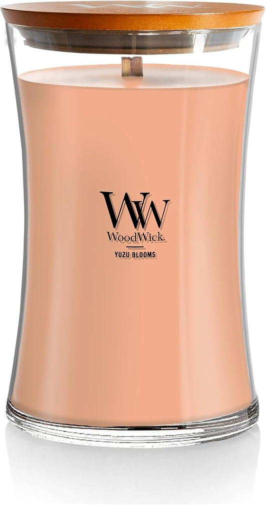 WoodWick Yuzu Blooms Scented Large Hourglass Candle, Crackles as it burns, Up to 180 hrs burn time, Perfect for gifting or home décor, 21oz
